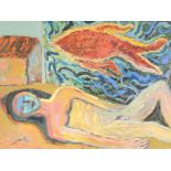 Cluny Dotter, oil on canvas, nude reclining figure beneath a fish, signed and dated lower left for