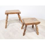 Two antique milking stools, 36cm W x 27cm D x 27cm H, the smaller of the two being 23cm W x 17cm D x