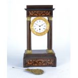 A 19th Century French ebonised wood ormolu four pillar portico clock, on plinth base, white enamel