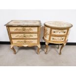 Two small painted pine chests of drawers, gold & cream in colour with foliate detail, both raised on