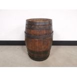 Small wooden barrel, with metal banding supports, 48cm H x 36cm W