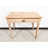 20th Century pine country side table, with single drawer on turned legs. 76cm H x 90cm W x 57cm D.