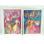 Winifred Francis, oil on boards, entitled 'Puppets 1' and 'Puppets 2', both signed lower left and