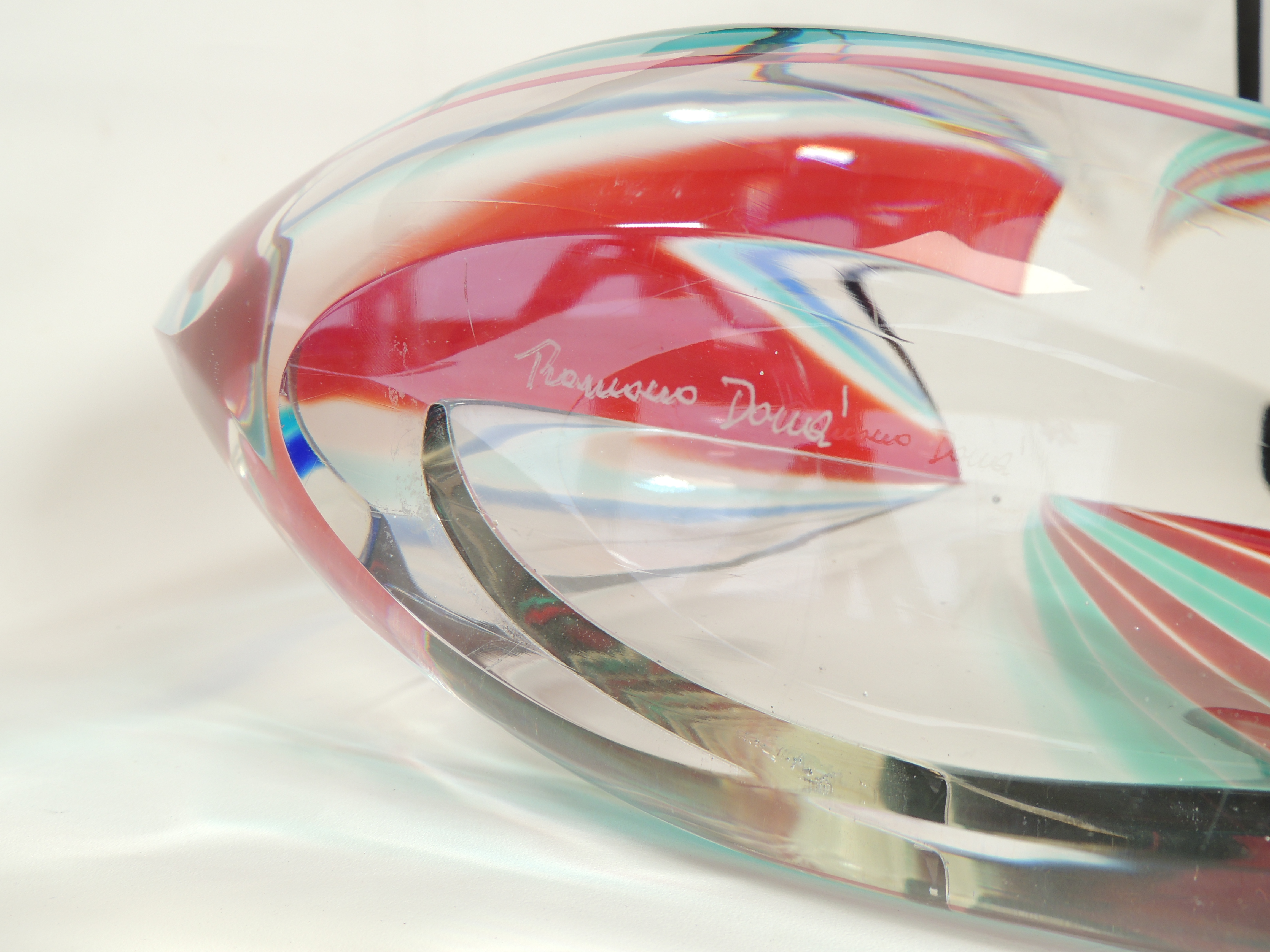 An Italian Murano glass sculpture of a sailing boat, with encased red, blue and green colouration, - Image 4 of 5