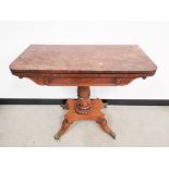 Victorian folding card / tea table, with carved scroll decorated frieze, raised on a single turned