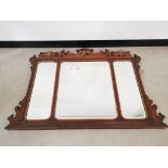 Three section mahogany framed mirror, with gilded mounts and bird & leaf motif decoration to the top