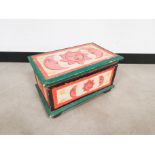 Small painted pine carved storage box, with relief carvings of the Sun and the Moon, colourfully