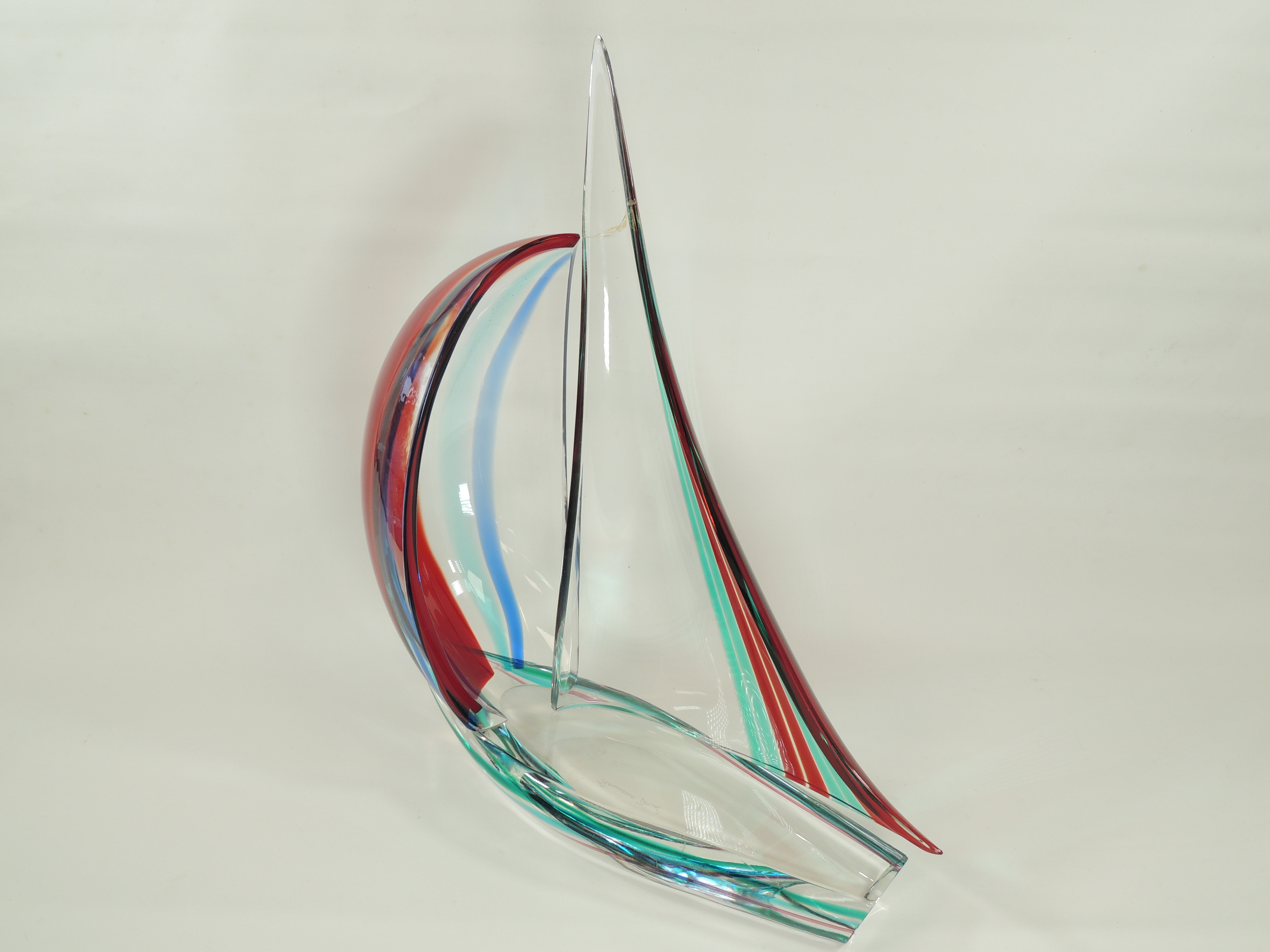 An Italian Murano glass sculpture of a sailing boat, with encased red, blue and green colouration, - Image 2 of 5