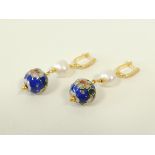 A pair of pearl and lapis coloured earrings, with cloisonné formed floral design (pair)