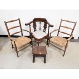 Mahogany corner chair, having pierced splats and turned spindles with upholstered seat, together