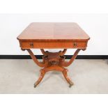 Mahogany console table, with scroll supports, single frieze drawer, brass capped paw castors to