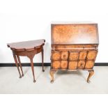 Queen Anne style card table, 72cm H x 60cm W x 30cm D (closed), together with a burr veneer bureau