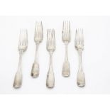 A set of five George III silver fiddle pattern forks by SH IT, by Samuel Hennell & John Terry,