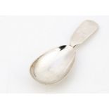 A Victorian silver tea caddy spoon by Andrew Davidson, fiddle handle and with forked V to bowl,