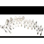 A harlequin set of Georgian and Victorian silver fiddle pattern spoons and forks, including twelve