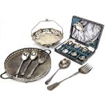 A collection of Victorian and later silver plated items, including two teapots, pair of
