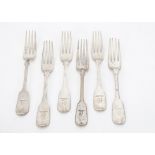 A harlequin set of six early Victorian silver fiddle pattern forks, each with engraved family crest,