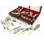 A collection of silver plated flatware, together with a wooden canteen box containing a gilt Far