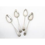 Two pairs of George III silver tablespoons, 7.9 ozt, one pair with family crest the other with