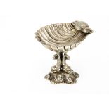 A Victorian silver plated comport, having shell dish supported on triform base with three dolphin