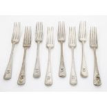 A set of eight Edwardian silver forks by George Jackson & David Fullerton, Old English pattern