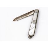 A George V silver and mother of pearl pocket fruit knife