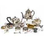 A collection of silver plate, including a pair of cauldron salts, a teapot, a small brass bath,