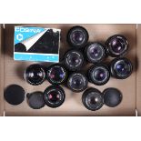 A Tray of Prime Lenses, all 50mm, various mounts, manufacturers include Praktica, Fujinon, Chinon