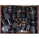 A Tray of M42 Mount Lenses, various focal lengths, manufacturers include Carl Zeiss Jena,