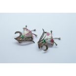 A pair of enamel and marcasite floral clip earrings, in pink and green, 3.2cm x 2.8cm, 13g