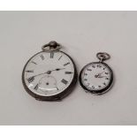 Two continental white metal open faced fob watches, one with checker niello work back, white face