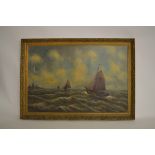 V Campen, 20th Century, oil on canvas, fishing boats at sea, label verso W Frank Gadsby, in gilt