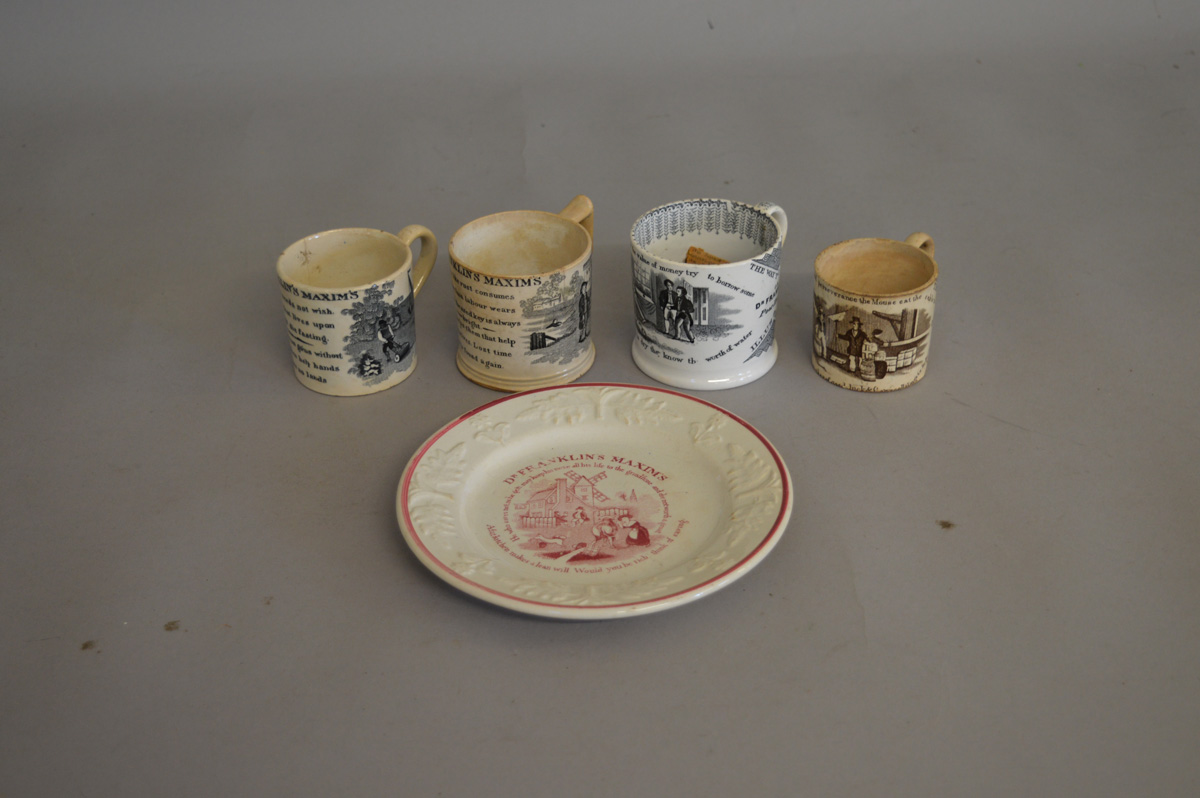 A Collection of Dr. Franklin's Maxim's Commemorative 19th Century Pottery, including four cups,