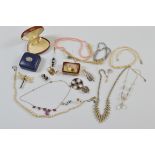 A group of costume jewellery, including a dragonfly brooch, paste set necklace, white metal filigree