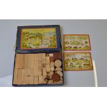 A Mentor Universal Baukasten wooden building set, contained in card box with example illustrations.