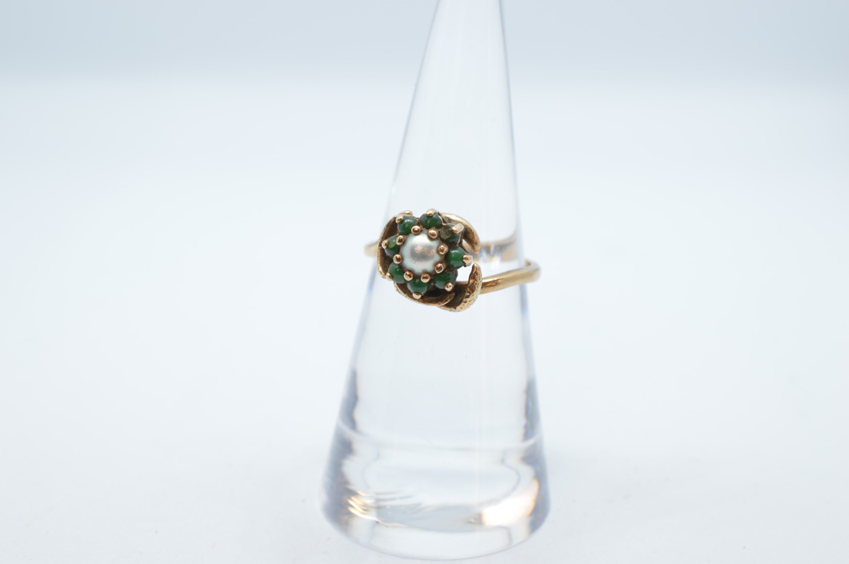 A 9ct gold pearl and green hardstone cluster ring, ring size L, 3.1g