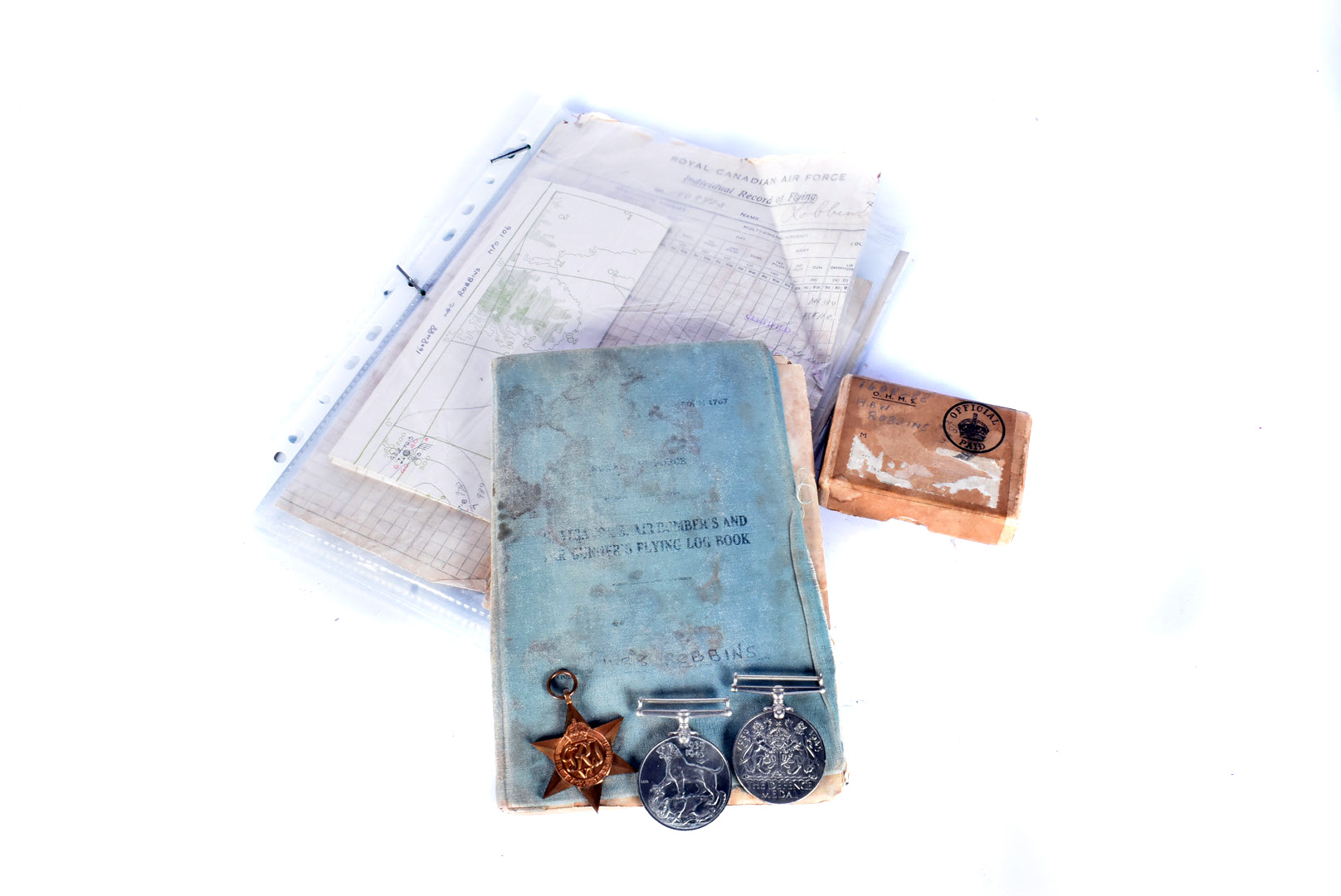 A WWII Canadian Air Force medal group and Flight log book, for H.A.W Robbins (1608488), dated
