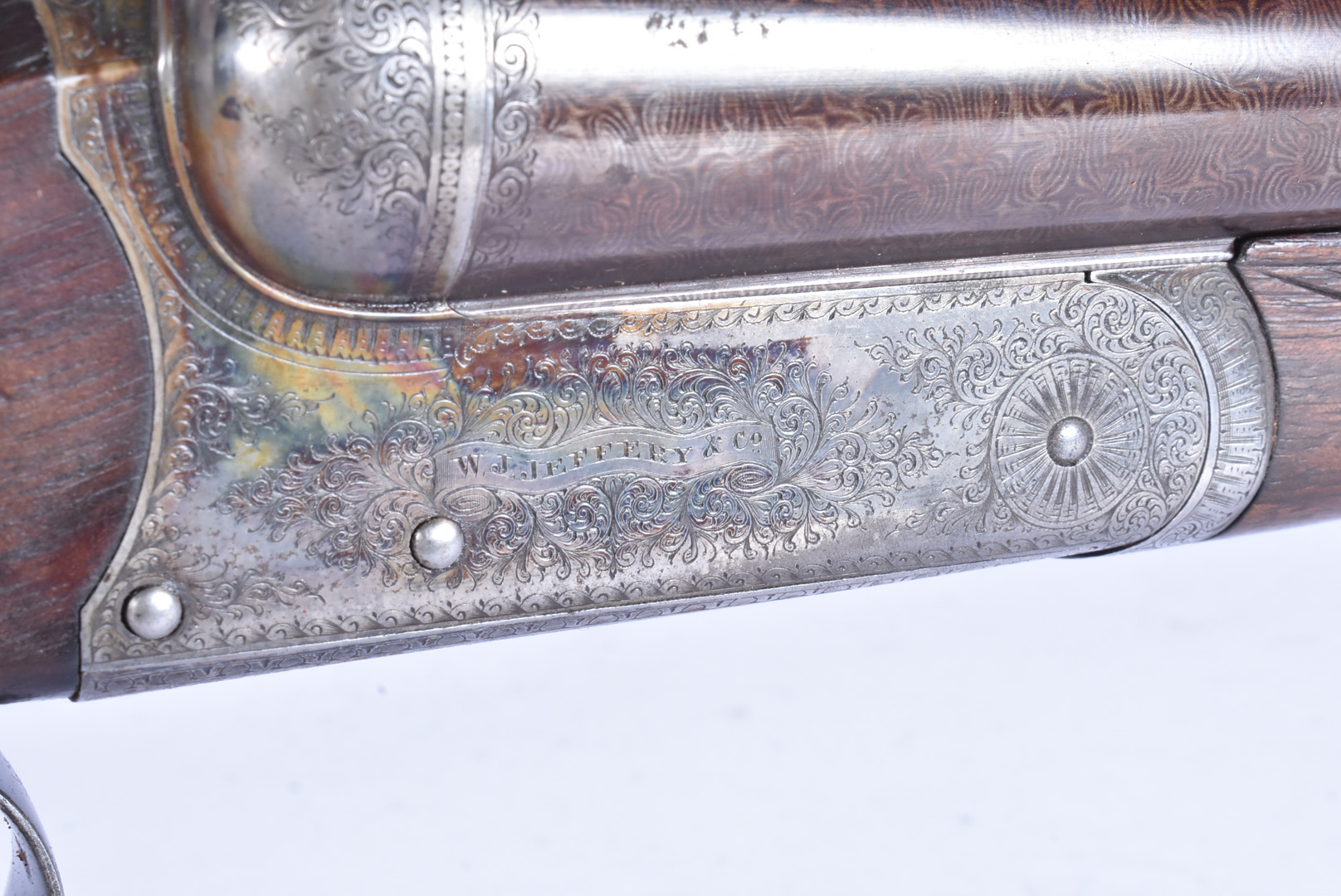 A W J Jeffrey 12 bore side by side shotgun, serial 2150, with Damascus barrel, marked with maker's - Image 5 of 7