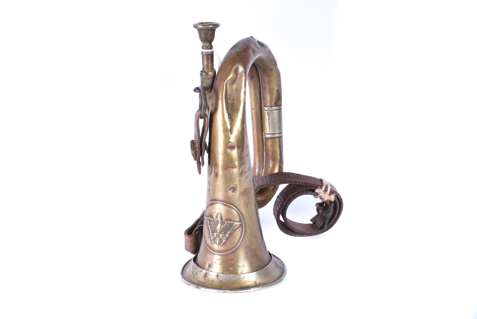 A WWI Prussian military-issue mixed-metal bugle, by Alexander Mainz, dated 1914, in combat