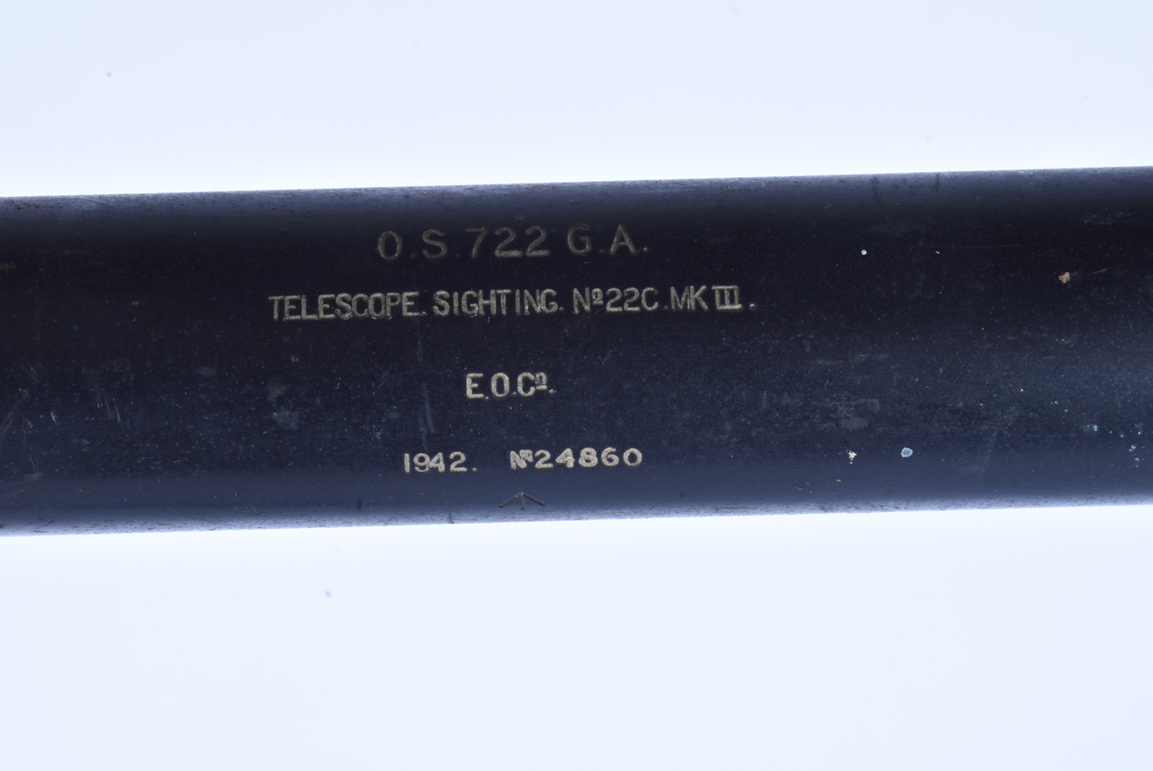 A WWII Telescope Sighting No.22c MkIII, dated 1942, by E.O.Co, stamped O.S.722.G.A, together with - Image 3 of 6