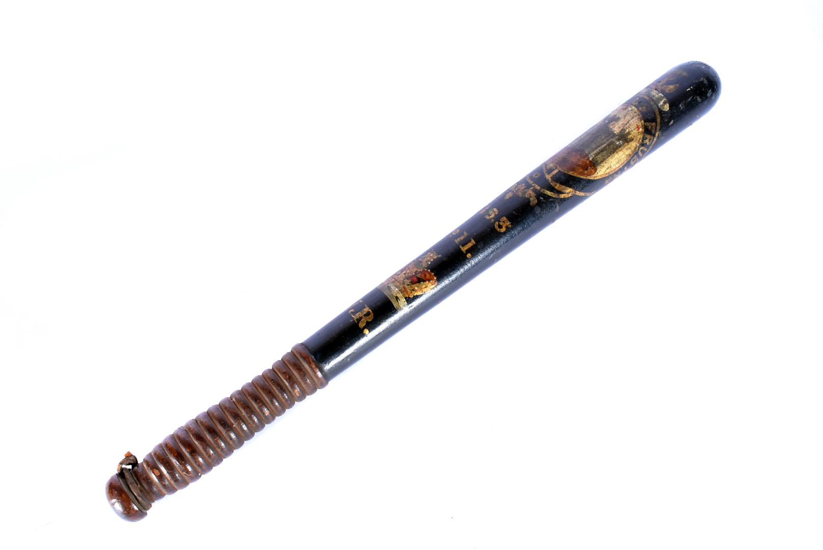 A Victorian black-painted wooden truncheon, with hand-painted Naval crest with motto 'Nisi Dominus