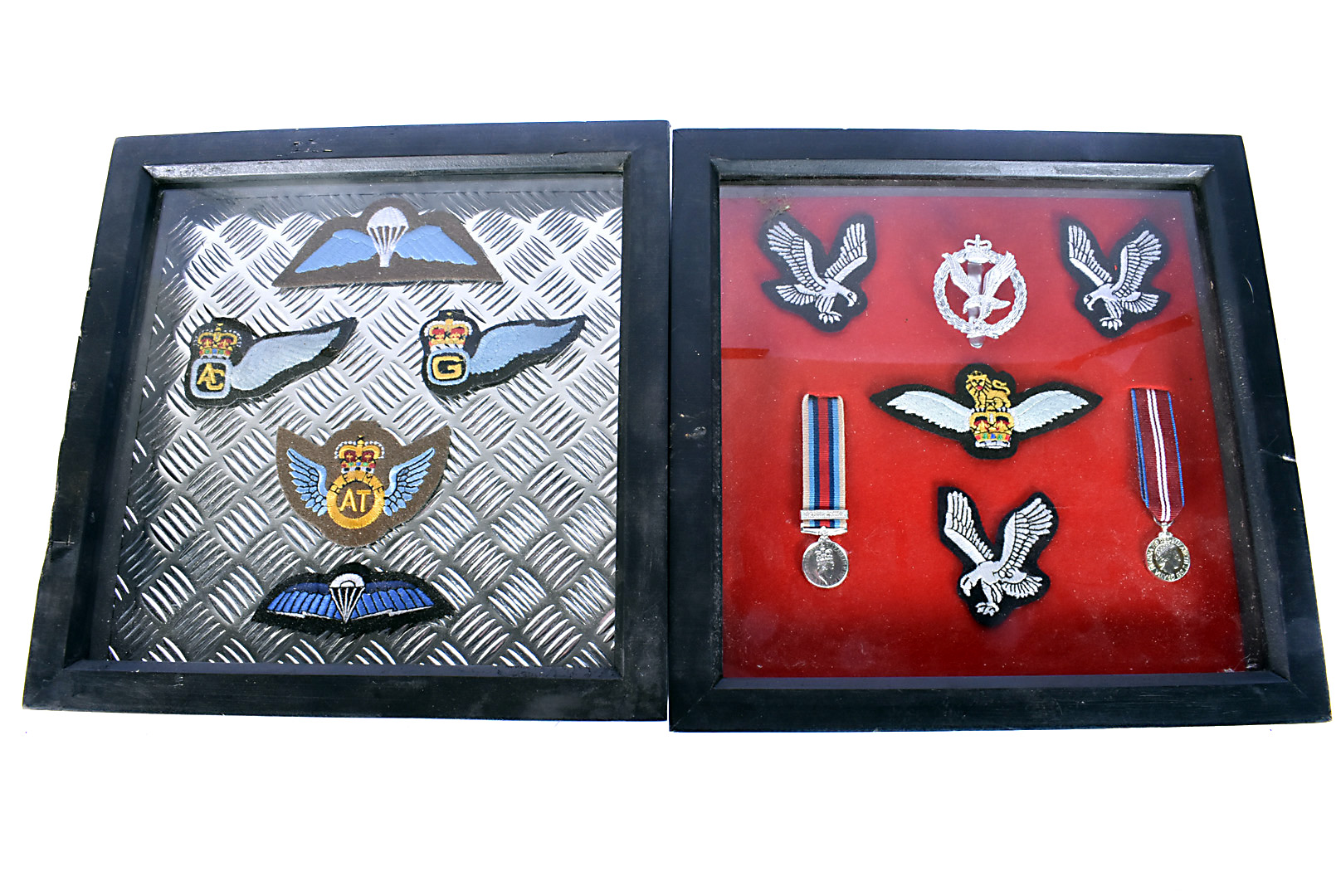 Two framed and glazed displays of British cloth badges and miniature medals, to include REME