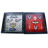 Two framed and glazed displays of British cloth badges and miniature medals, to include REME