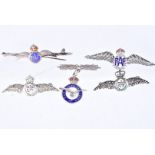 Five Silver Royal Air Force sweetheart brooches, for winged and one hanger, four enamelled, and