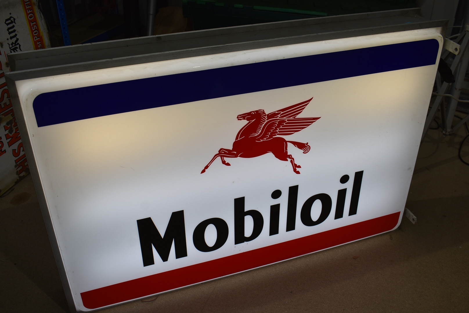A large Mobiloil illuminating wall sign, the double sided sign with red Pegasus logo and blue and - Image 3 of 4