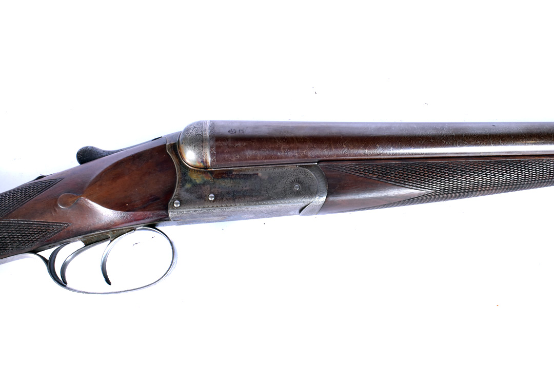 A W J Jeffrey 12 bore side by side shotgun, serial 2150, with Damascus barrel, marked with maker's