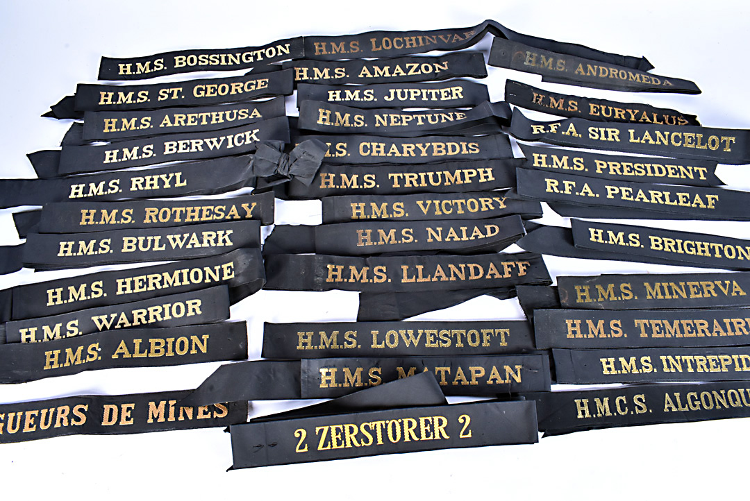 An assortment of 30+ British and Overseas Naval Tallies, comprising Andromeda, RFA Pearleaf,