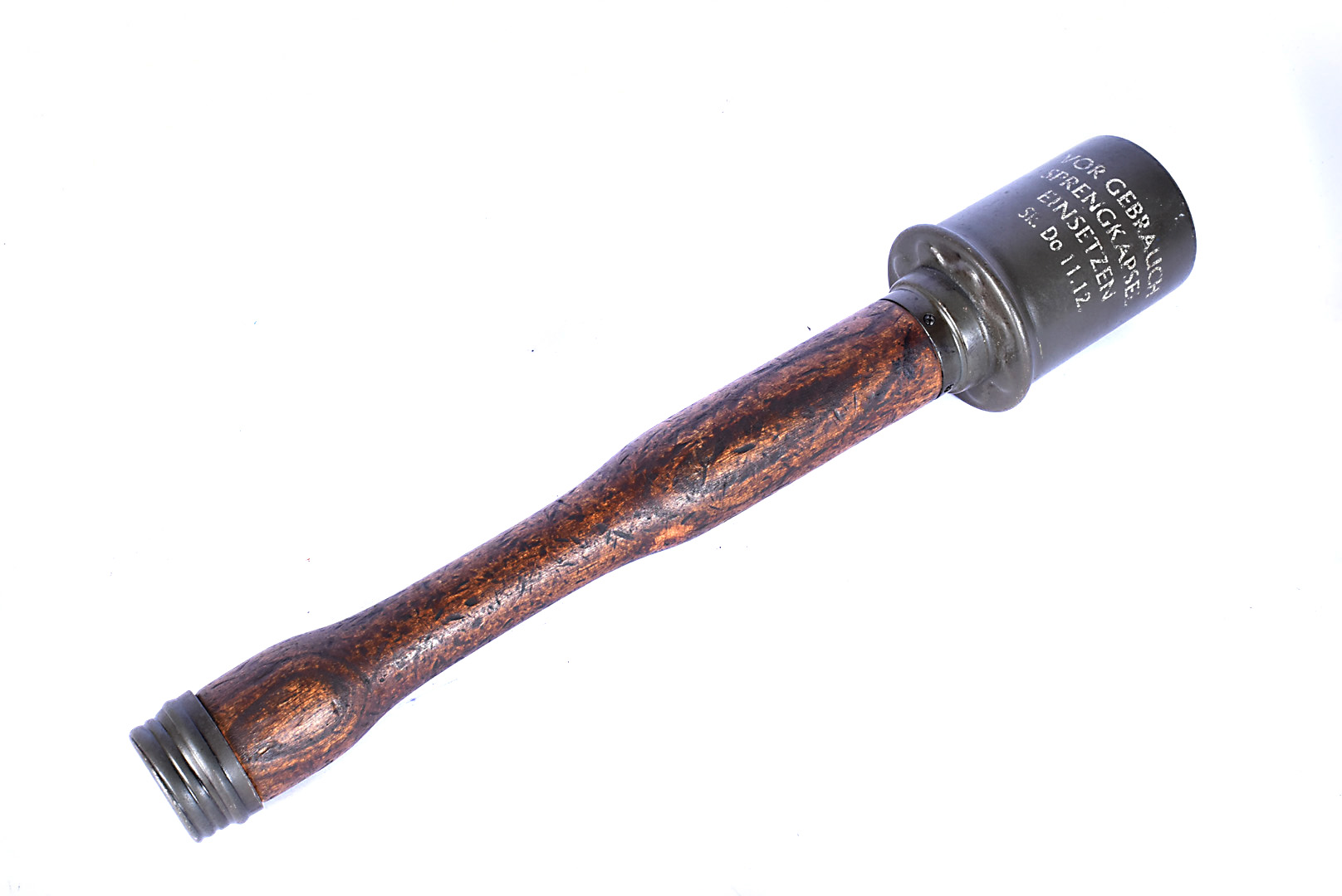 A WWII German Third Reich inert Stick Grenade, with Third Reich stamp to the top, with serial