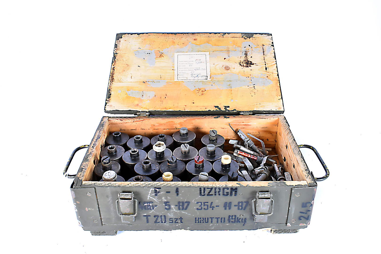 A collection of 20 RG-42 grenades with fuses, inert, in original fitted box with stencilling