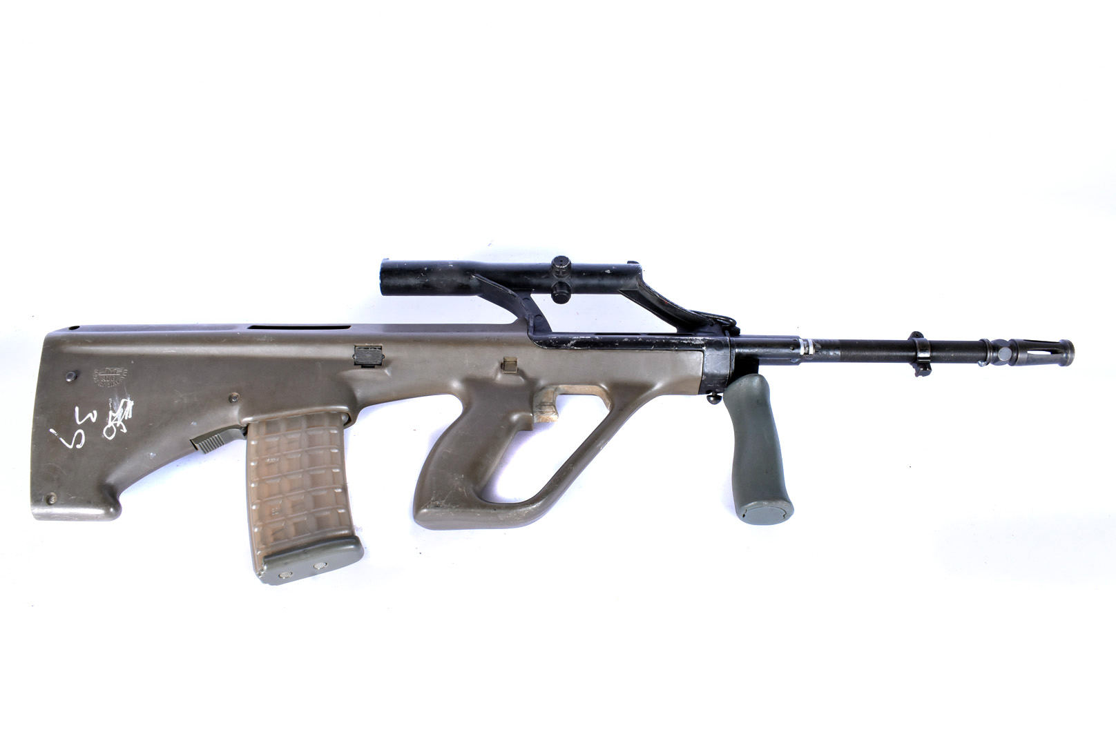 A Deactivated Austrian Steyr AUG 5.56mm assault rifle, with optical sight in the handle and